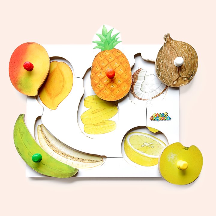 Mango, plantain, lemon, pineapple, coconut fruit peg puzzles