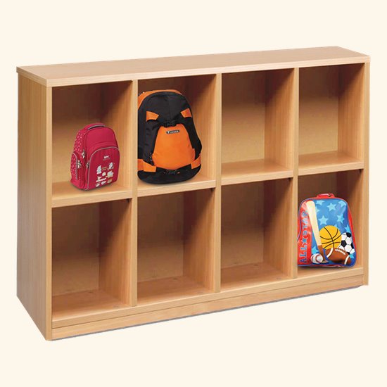 Beech faced MFC open shelf bag storage unit with 8 cubbies