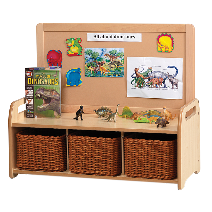 Storage and display unit in full use with baskets and artwork and information on display panel