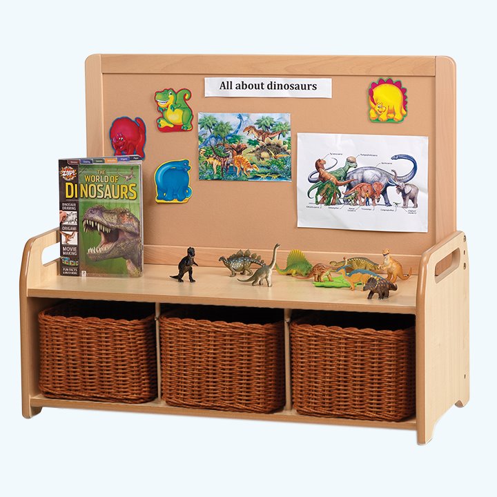 Storage and display unit in full use with baskets and artwork and information on display panel