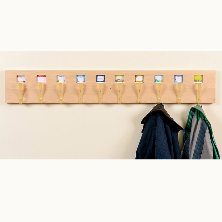 10 strong clear plastic hooks on a wooden panel.