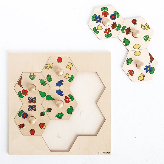 Wooden Nature themed puzzle with hexagonal pieces