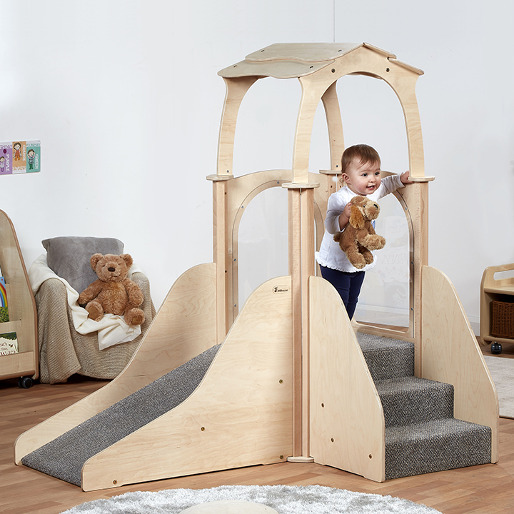 Birch plywood mini gym with ramp, steps and a roof on top