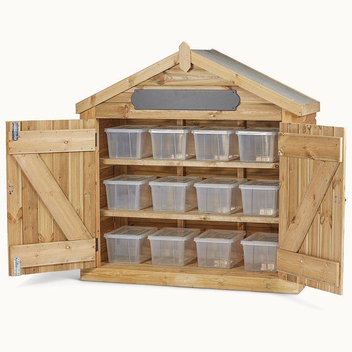 Shed with plastic bins