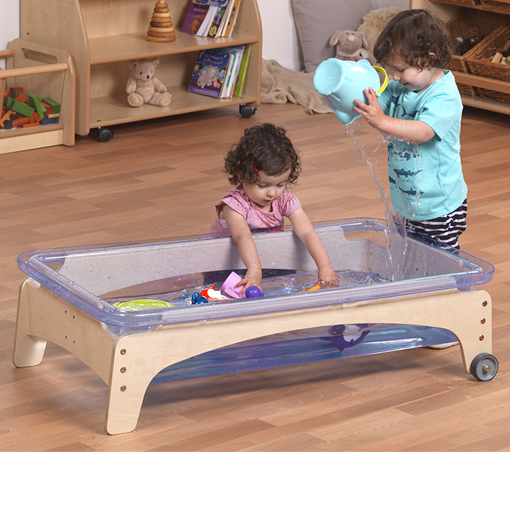 Two children with Adjustable frame with two wheels and two fixed legs and polycarbonate tray for sand or water