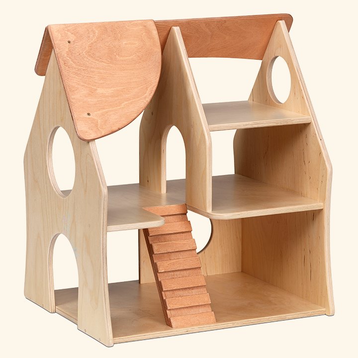Wooden Dolls House for small world play, multiple peep holes on 3 levels.
