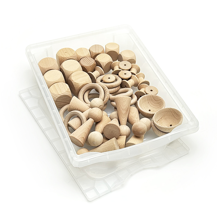 45 wooden pieces in a storage box