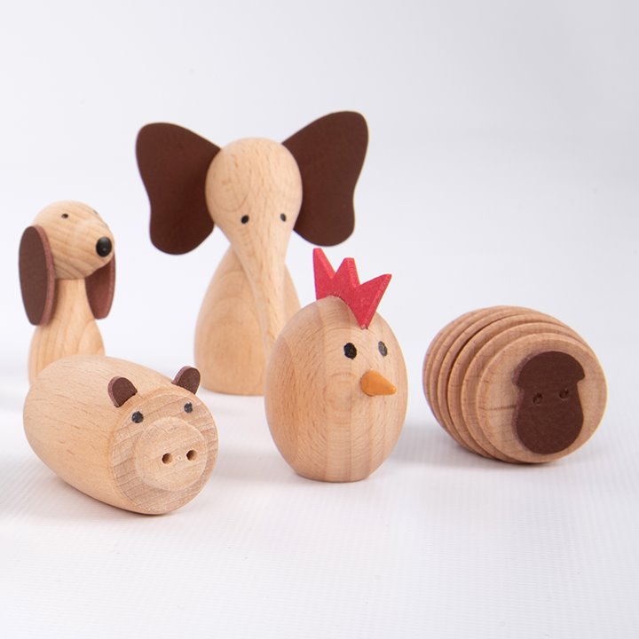 Wooden Animal Friends - Elephant, cockerel, sheep, pig, dog