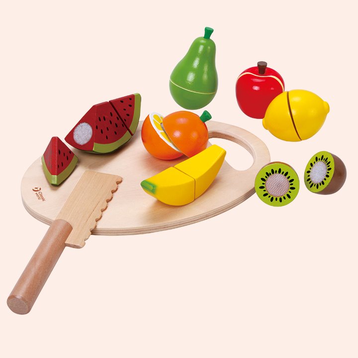 Wooden fruit, pretend knife and platter.