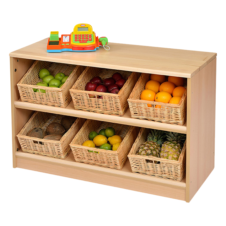 tilted natural wicker baskets for easy access and display