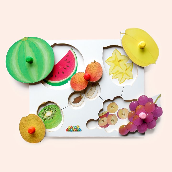 Watermelon, kiwi, dragonfruit, grape, peach fruit peg puzzles