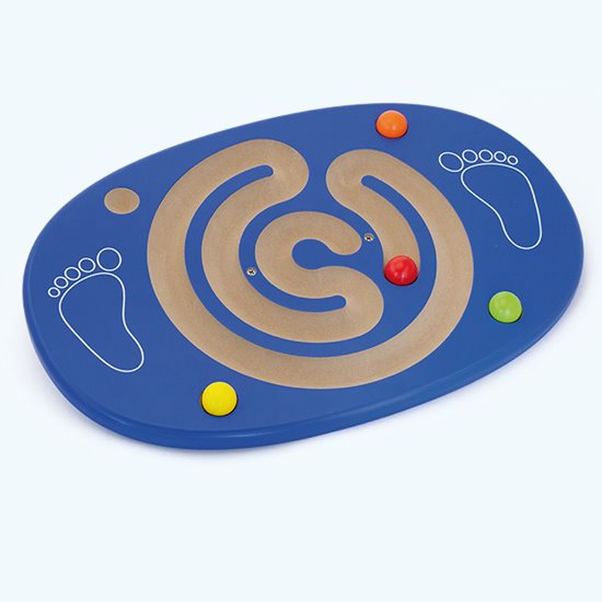 Balance board with a trail path maze and balls