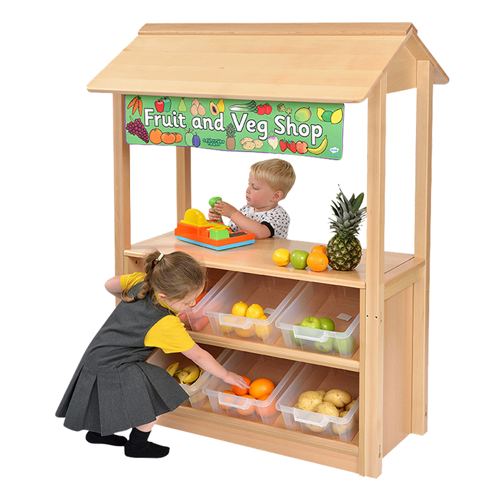 Children with Counter with six slanted display bins and a canopy