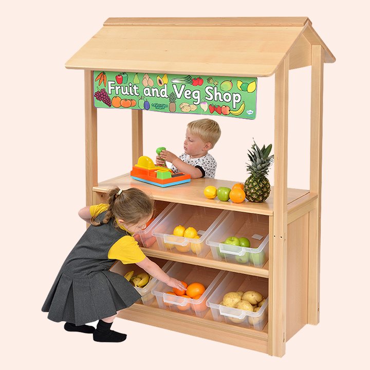 Children with Counter with six slanted display bins and a canopy