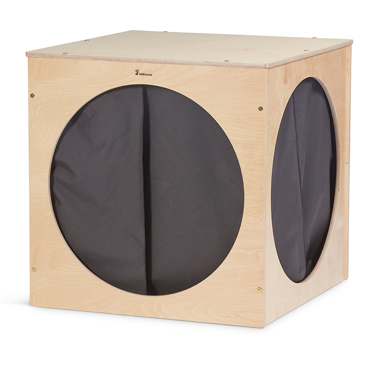 Dark den with blackout curtains and internal mat