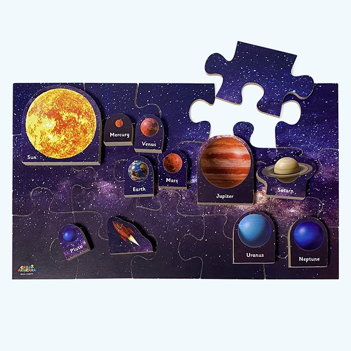 Planet pieces placed on space background puzzle