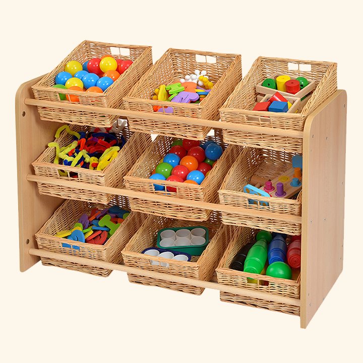 Angled baskets  - easy access and displays resources effectively