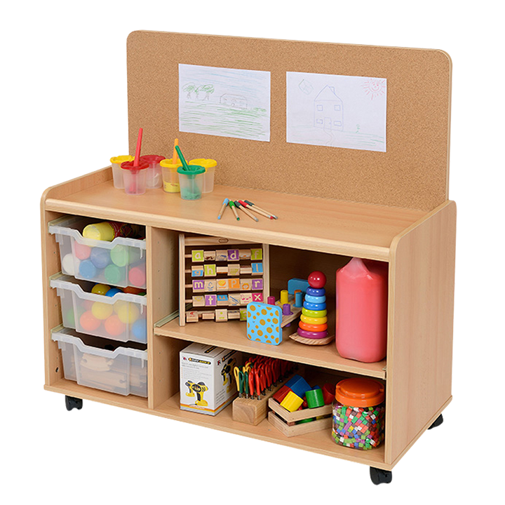 A beech faced MFC unit with 6 sliding trays and a corkboard back attached