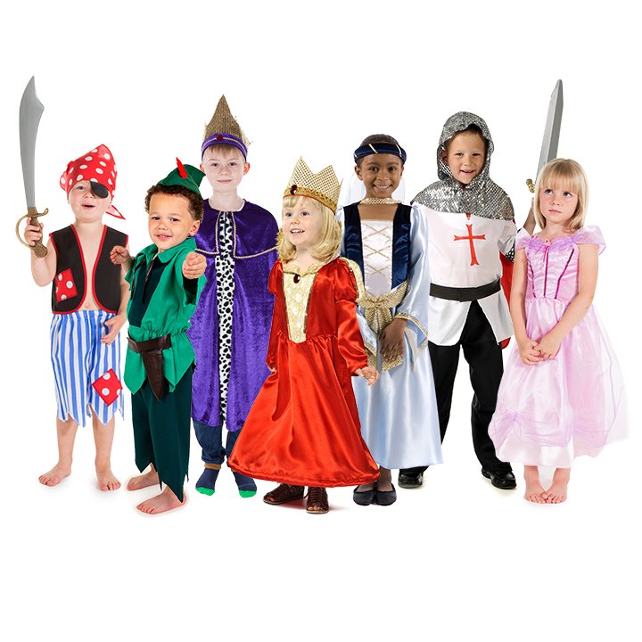 Set of 7 fantasy costumes Pirate Boy, Pirate Girl, King, Queen, Maid Marian, Knight, Princess, Robin Hood