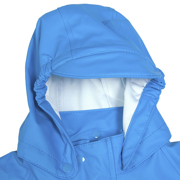Bright blue waterproof jacket with hood