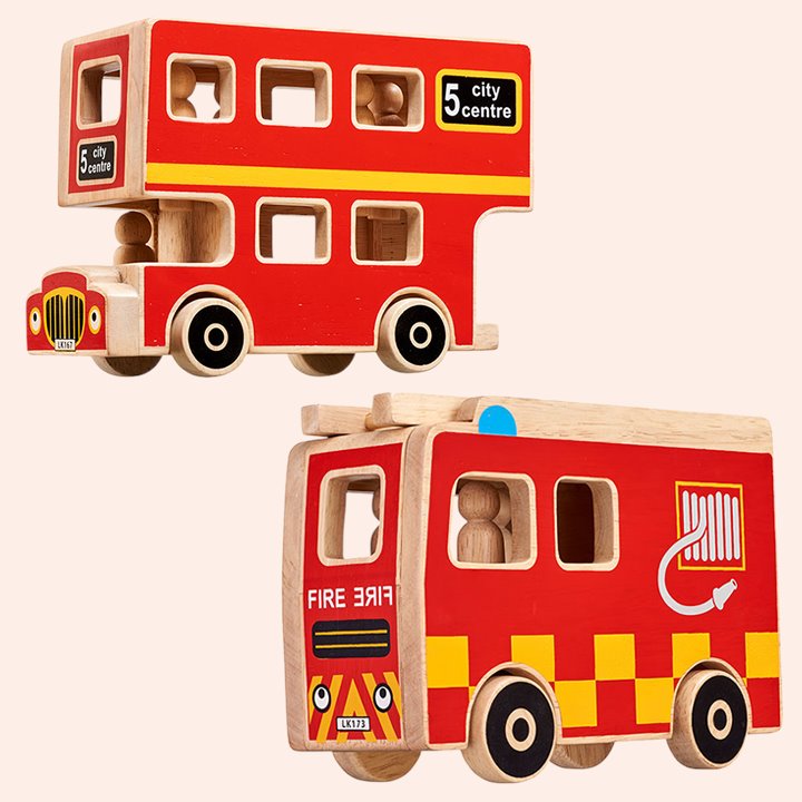 Rubberwood bus and fire engine