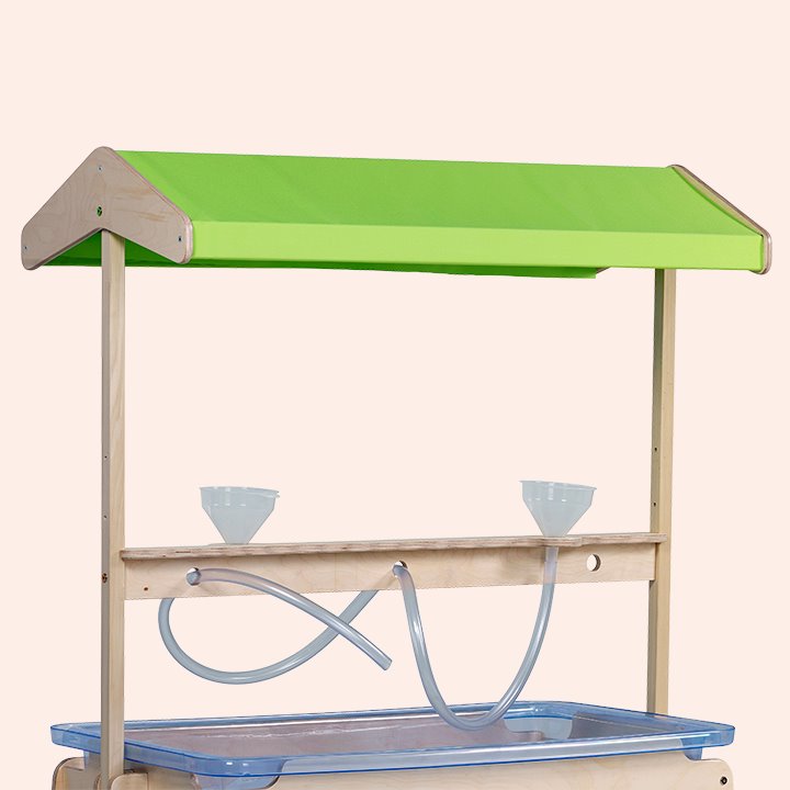 Adjustable frame with two wheels and two fixed legs and polycarbonate tray for sand or water