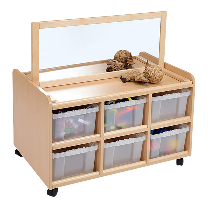 Double sided storage unit with baskets and partition mirror