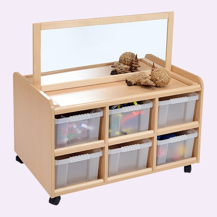 Double sided storage unit with baskets and partition mirror