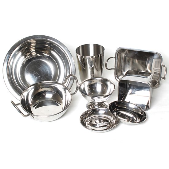 Set of metal bowls, buckets and trays for messy play