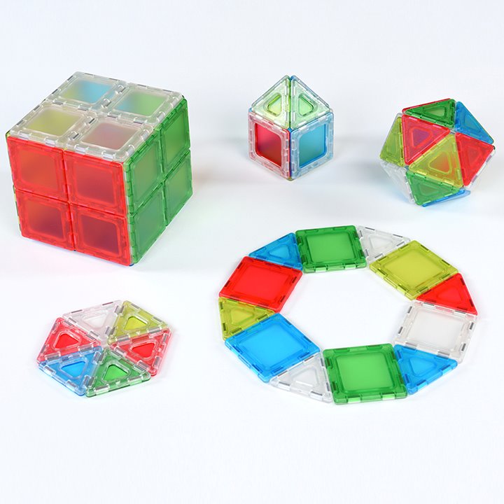 A 74 piece class set of solid translucent polydron squares and triangles
