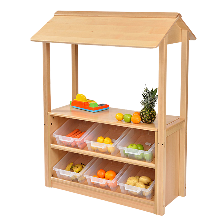 Counter with six slanted display bins and a canopy