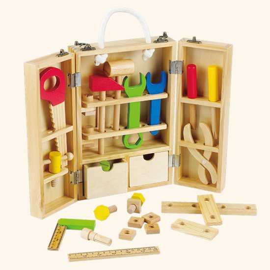 Coloured natural wood pretend carpenter tools in a wooden box