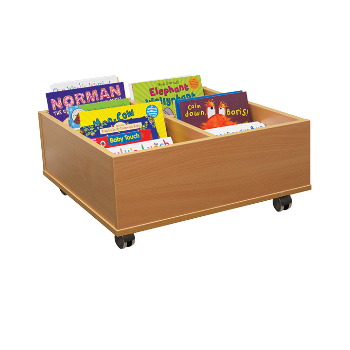 Fully assembled, wheeled low level book storage
