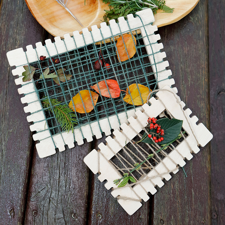 Different shaped frames with woven strings and leaves