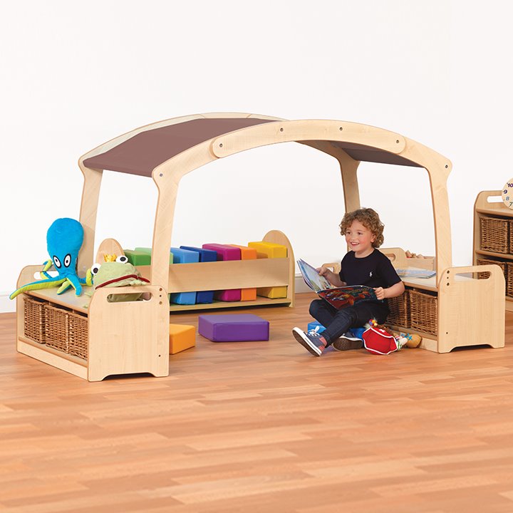 Cosy den wooden frame with storage benches at either end