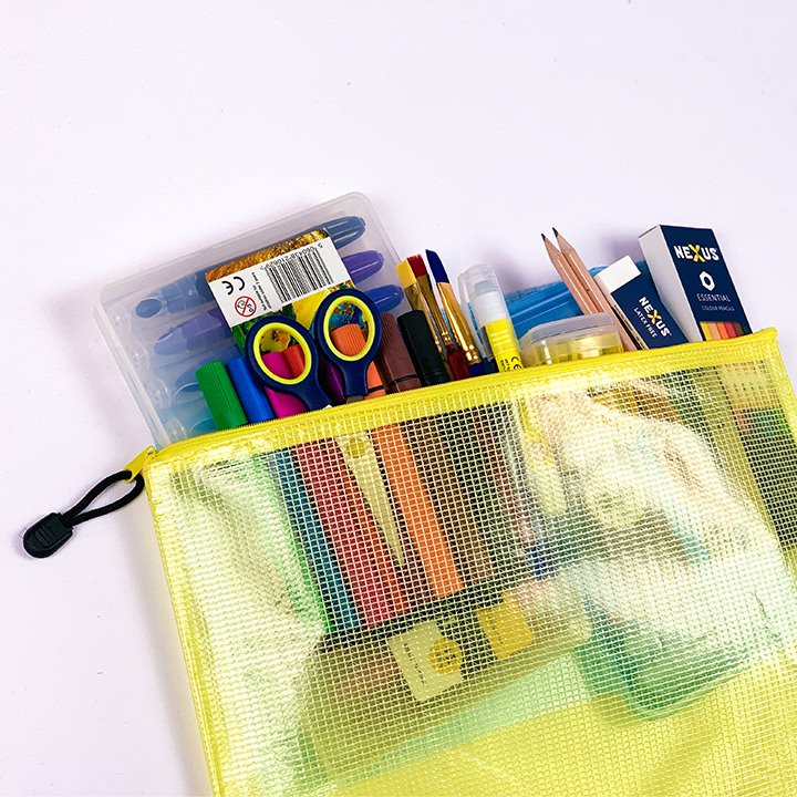 Pouch containing kit of art supplies and materials
