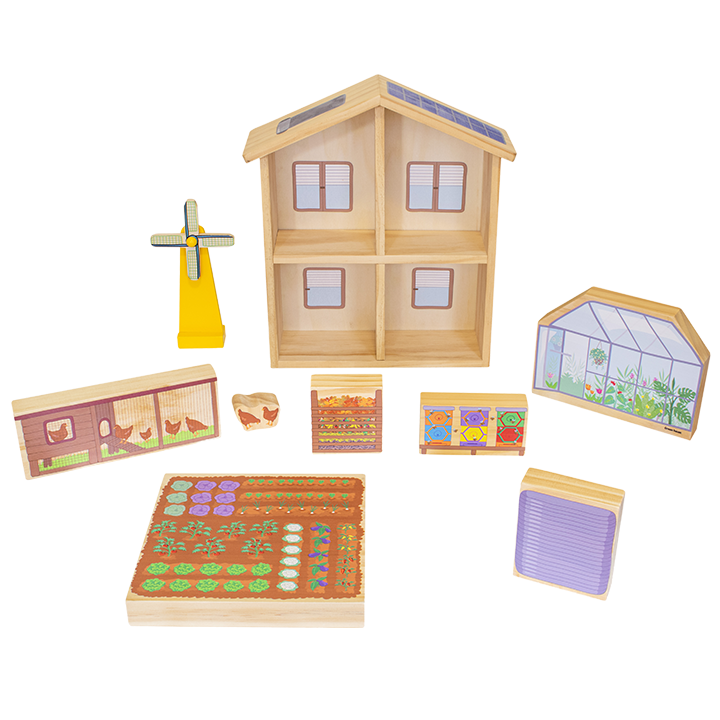 House, windmill, greenhouse, veg garden, solar panels