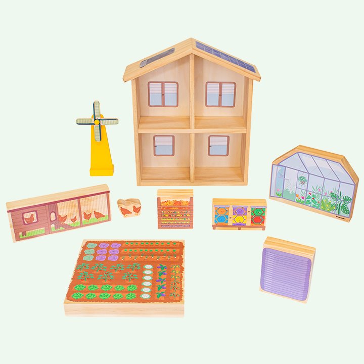 House, windmill, greenhouse, veg garden, solar panels